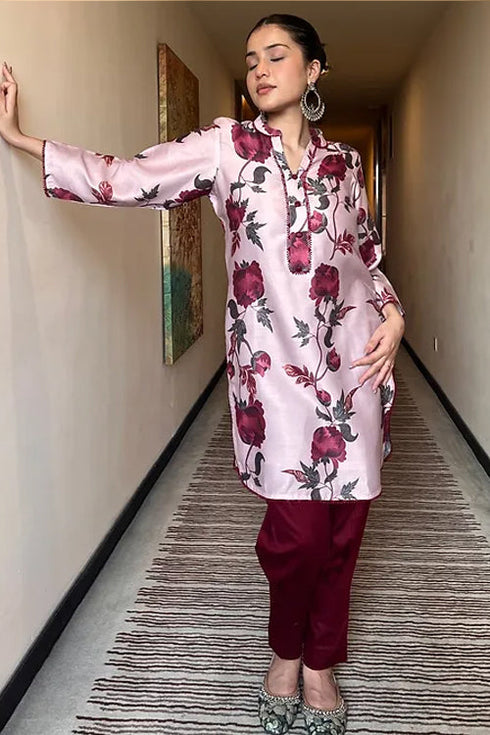 Saira Red And Rosegold Floral Pakistani Kurta Set